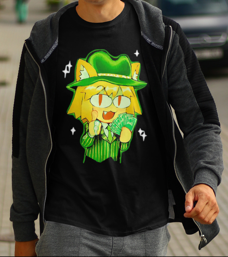 Sunny Waifu Gangster Neco-Arc Anime Cat Character With Money And Green Hat T-Shirt
