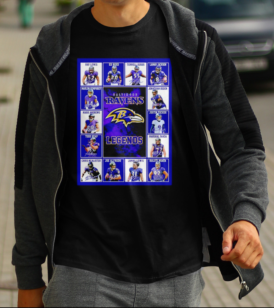 Baltimore Ravens Legends Ray Lewis Ed Reed Lamar Jackson Signature Collection T-Shirt