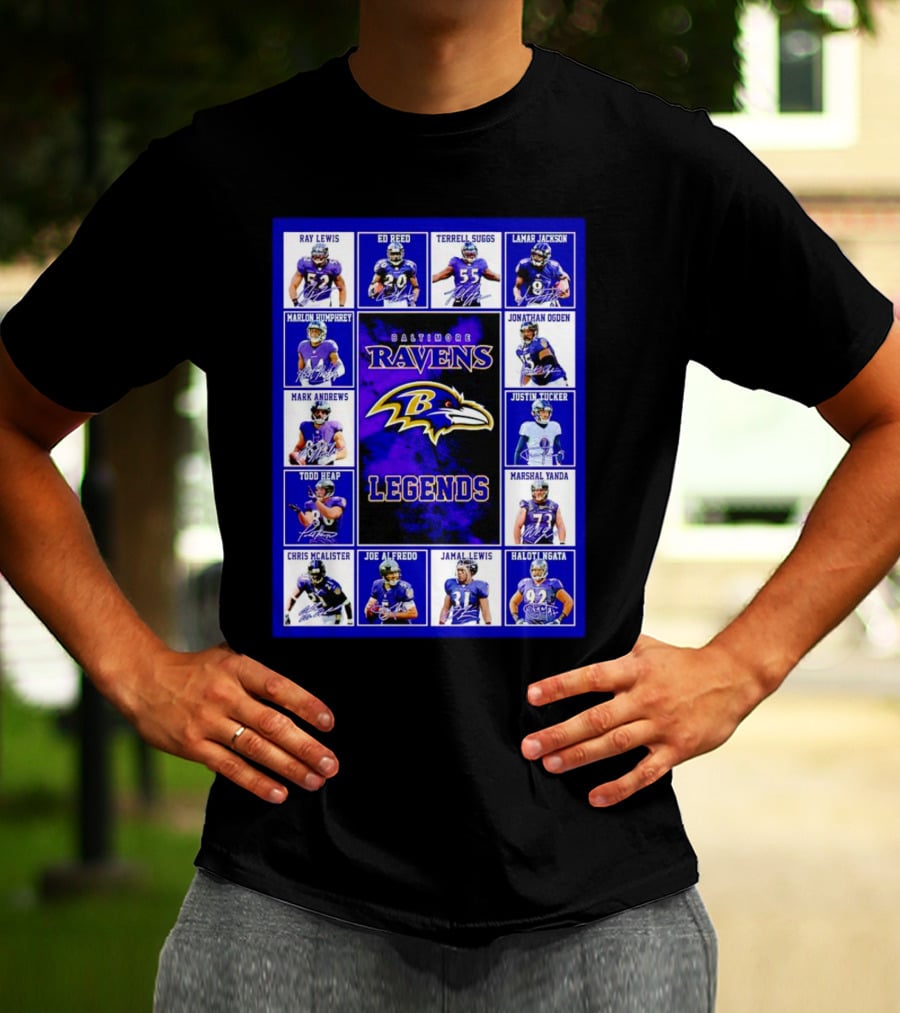 Baltimore Ravens Legends Ray Lewis Ed Reed Lamar Jackson Signature Collection T-Shirt