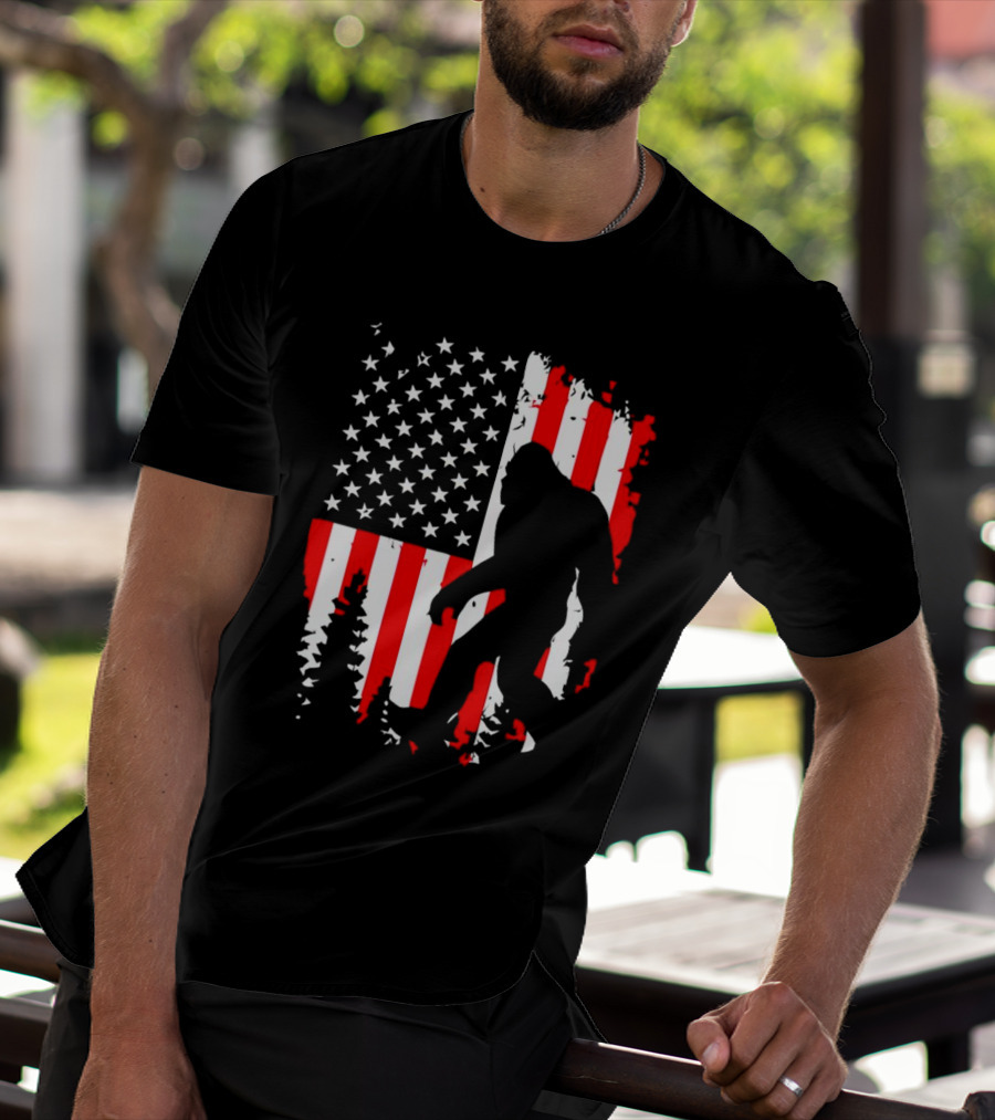Bigfoot Silhouette With American Flag Background T-Shirt