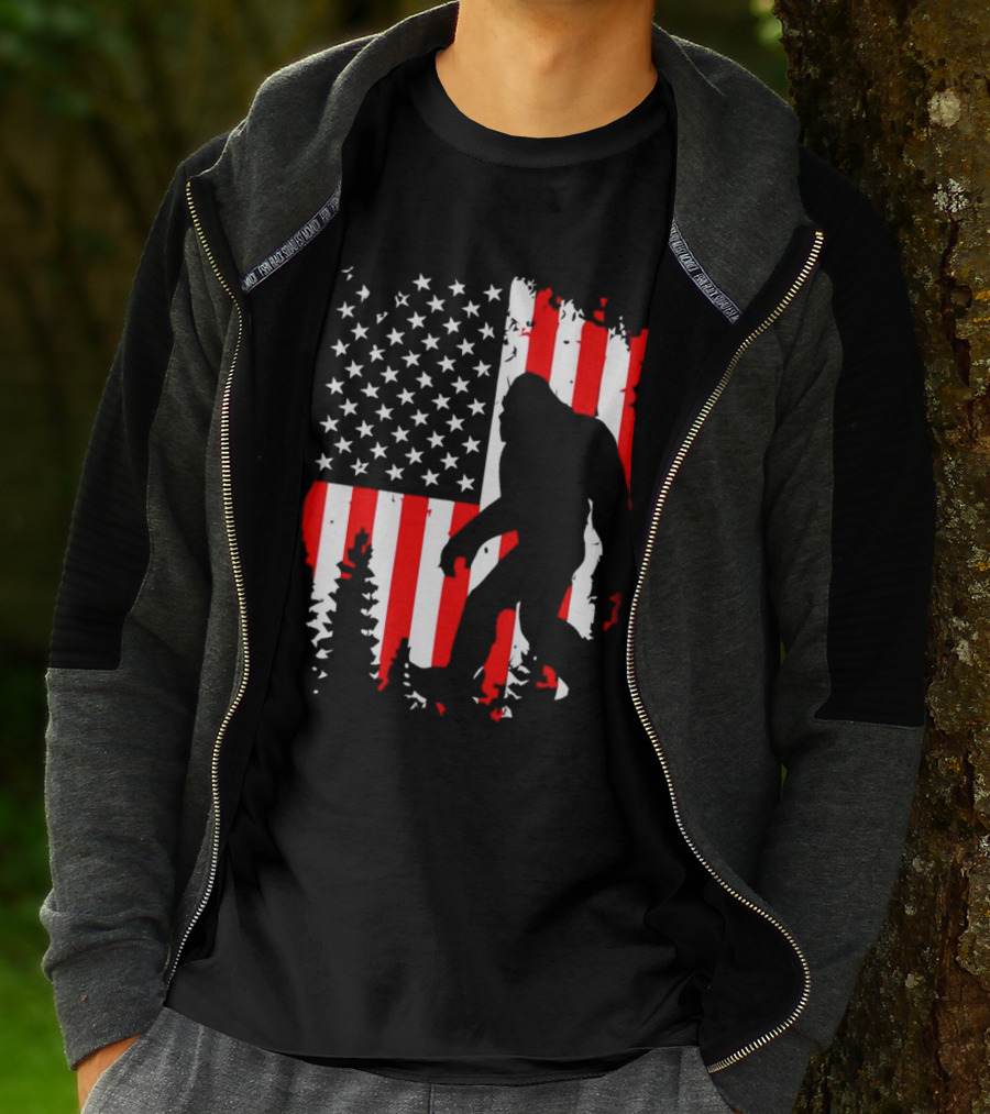 Bigfoot Silhouette With American Flag Background T-Shirt