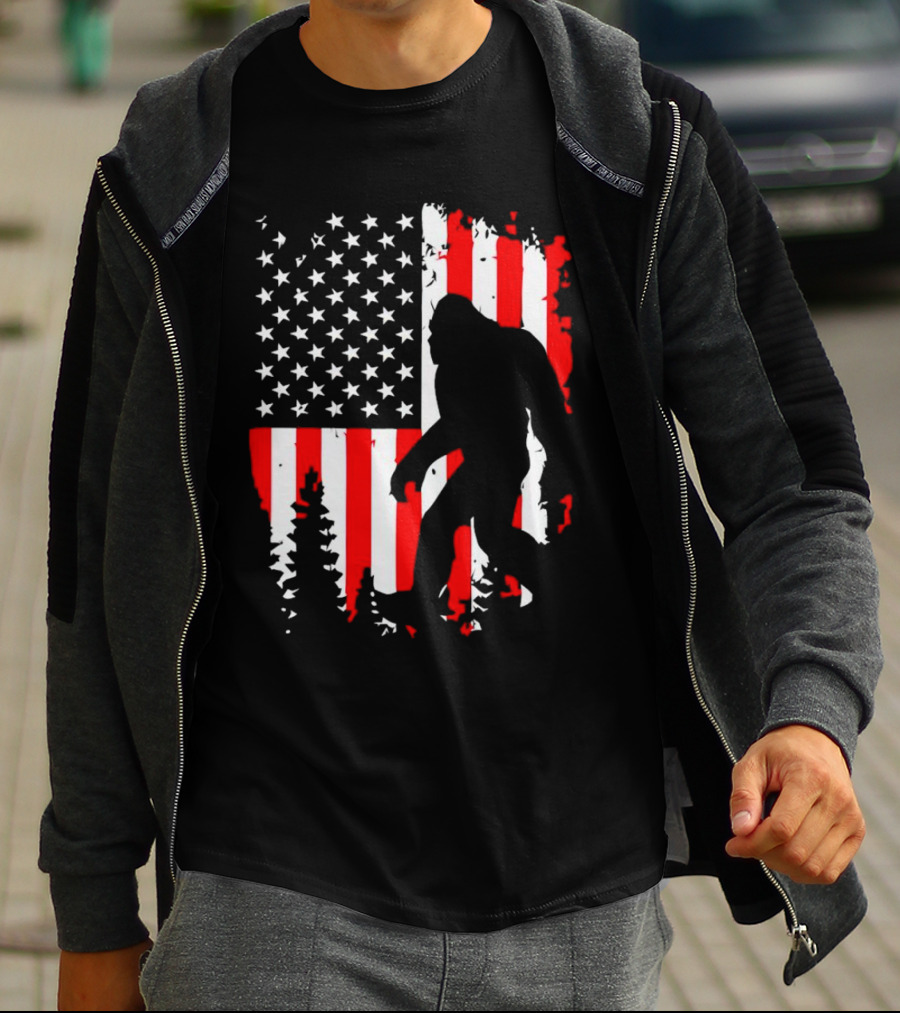Bigfoot Silhouette With American Flag Background T-Shirt
