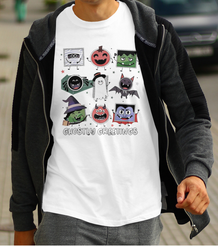 Ghostly Greetings With Halloween Monster Faces And Characters T-Shirt