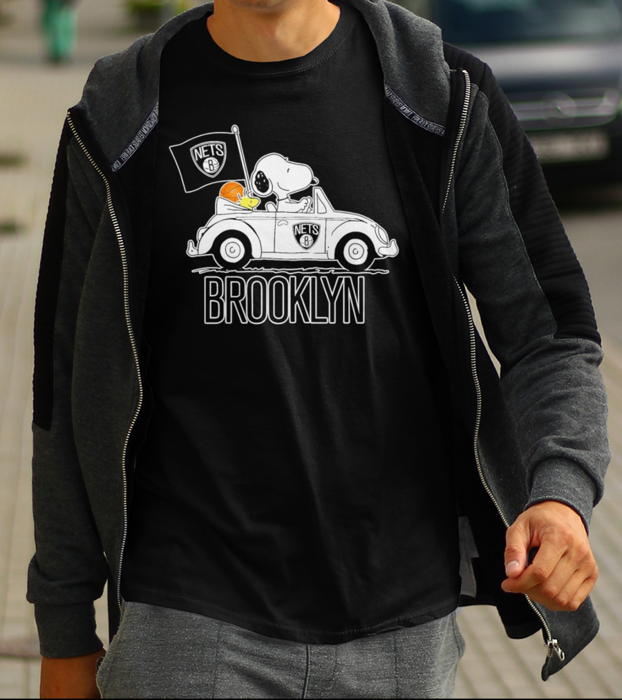 Brooklyn Nets Snoopy Driving Car With Basketball And Flag T-Shirt