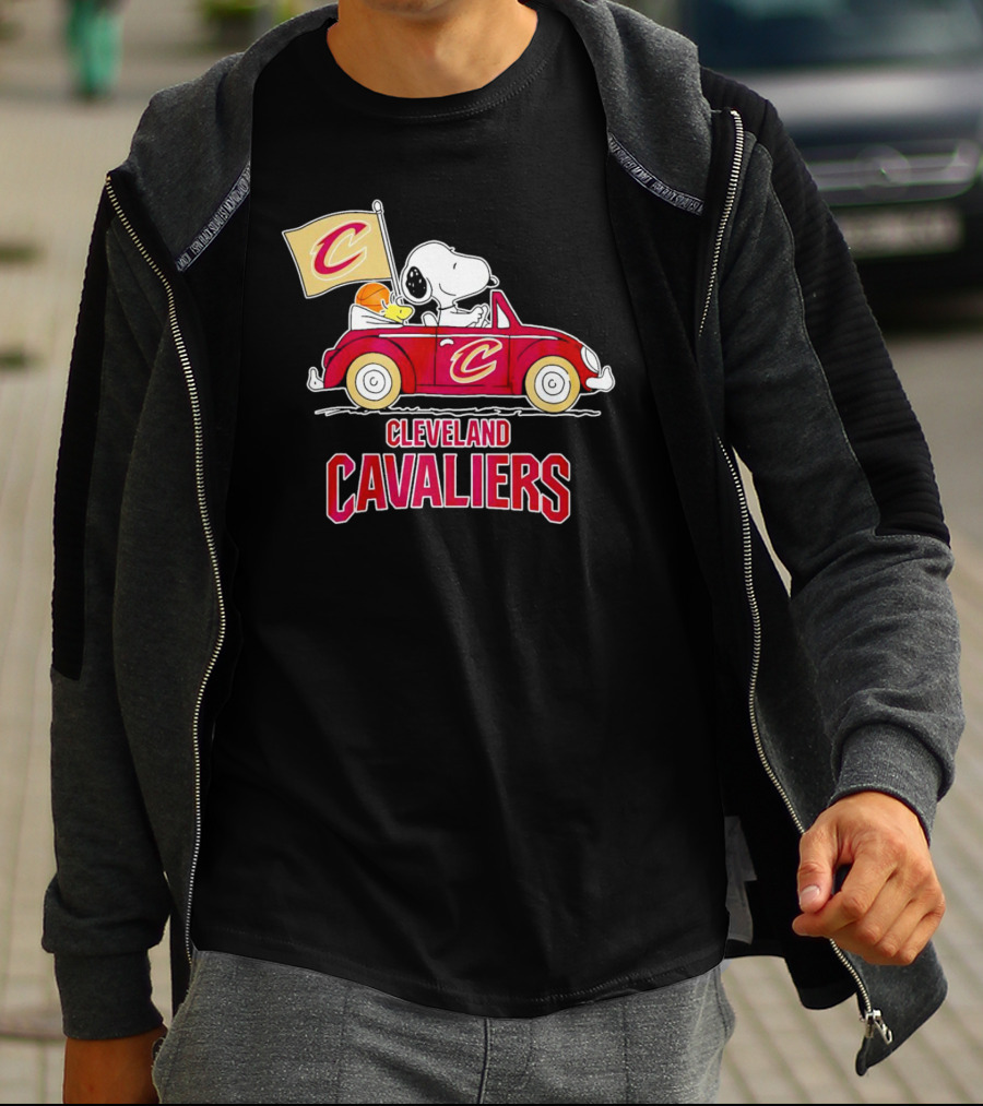 Cleveland Cavaliers Snoopy Driving Car With Basketball And Flag T-Shirt