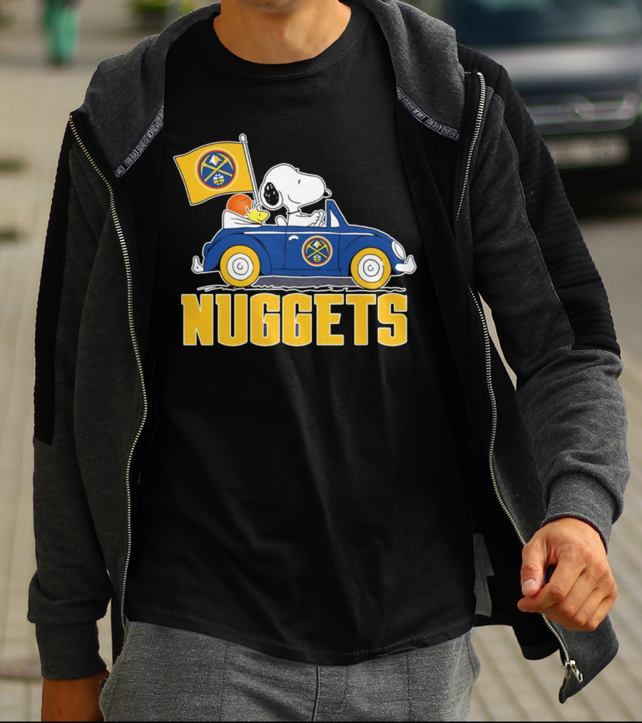 Denver Nuggets Snoopy Driving Car With Basketball Flag T-Shirt