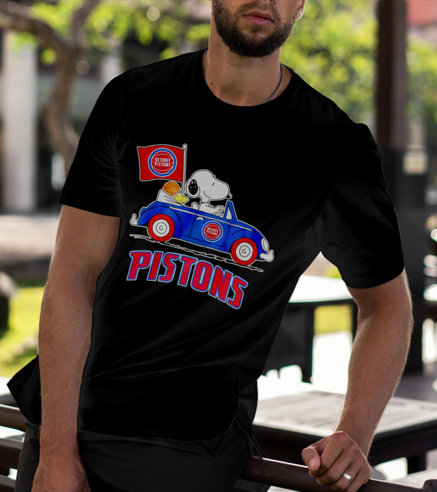 Detroit Pistons Basketball Snoopy Driving Car With Flag T-Shirt