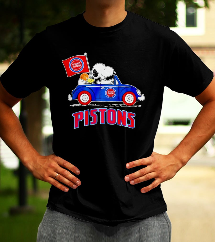 Detroit Pistons Basketball Snoopy Driving Car With Flag T-Shirt