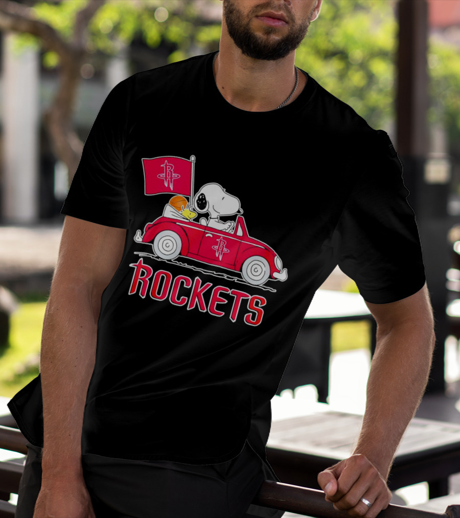 Rockets Snoopy Driving Red Car With Basketball Flag T-Shirt