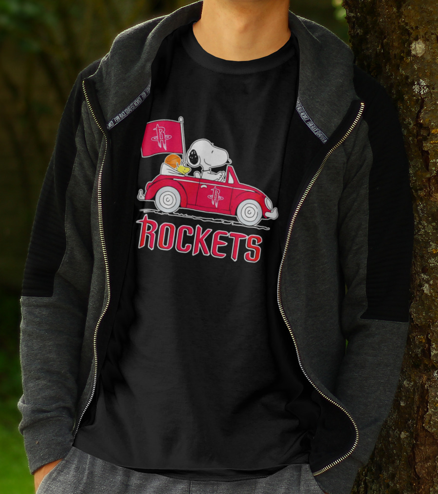 Rockets Snoopy Driving Red Car With Basketball Flag T-Shirt