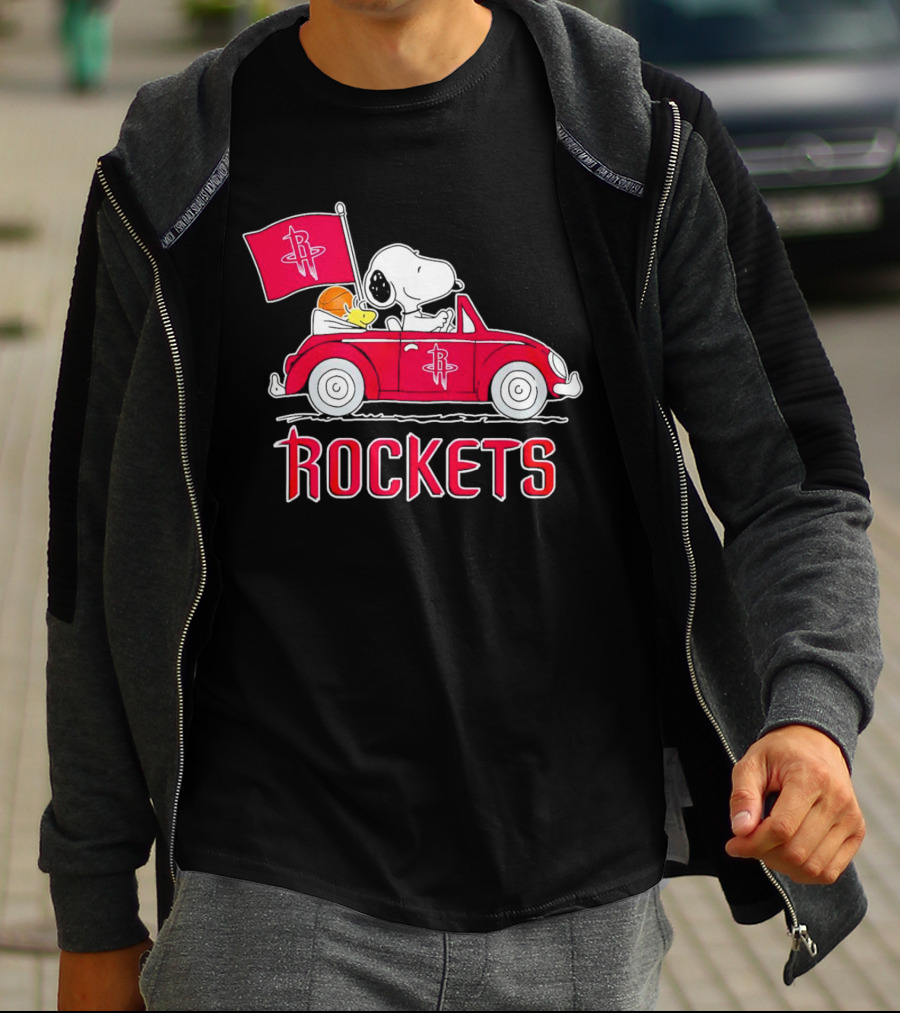Rockets Snoopy Driving Red Car With Basketball Flag T-Shirt
