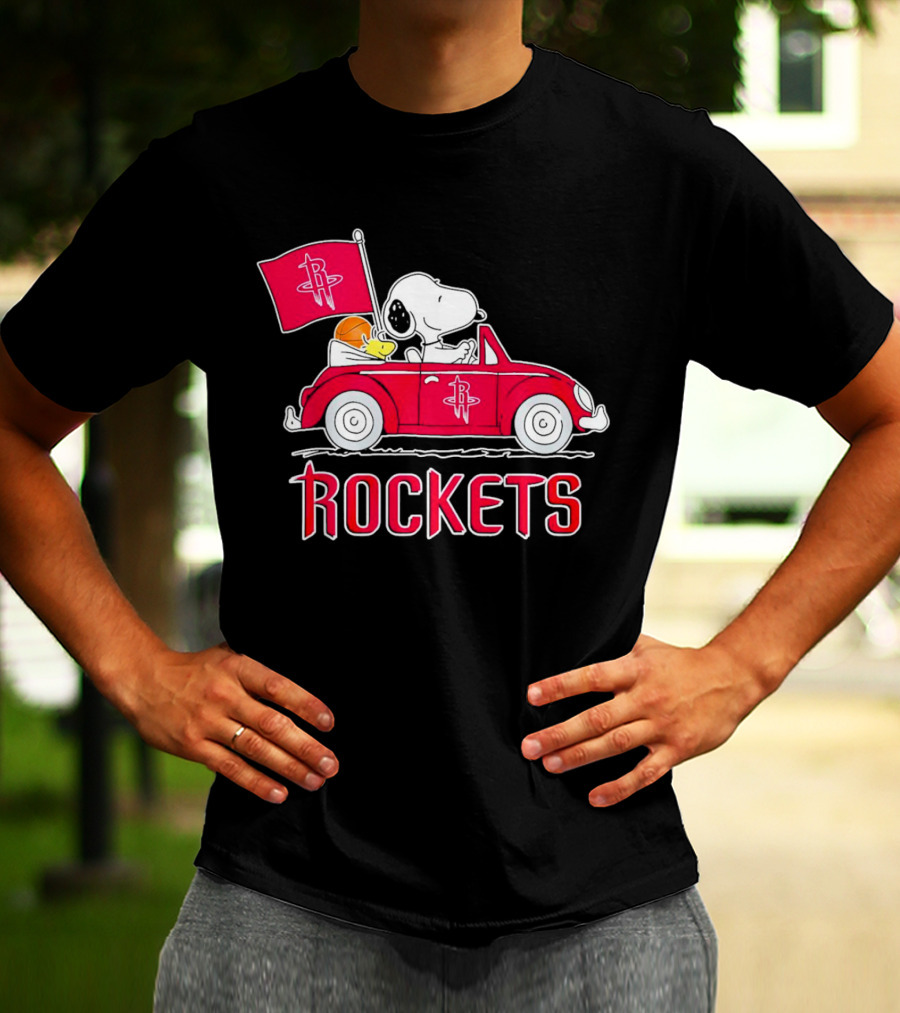 Rockets Snoopy Driving Red Car With Basketball Flag T-Shirt
