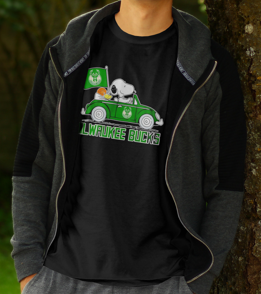 Milwaukee Bucks Snoopy Driving Car With Basketball And Team Flag T-Shirt