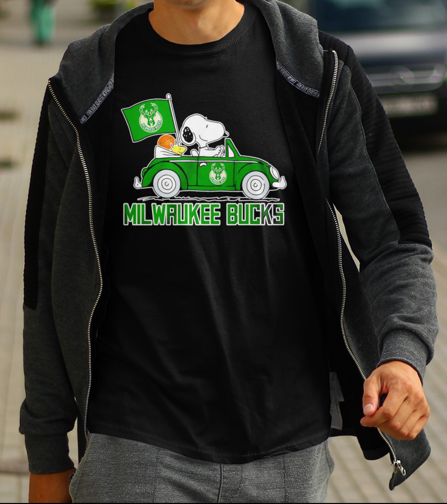 Milwaukee Bucks Snoopy Driving Car With Basketball And Team Flag T-Shirt
