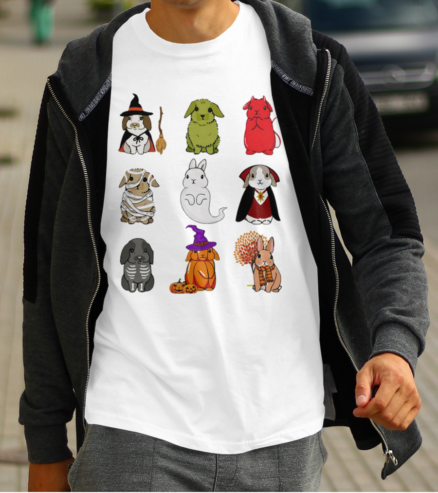 Bunny Witch Mummy Ghost Vampire Skeleton Pumpkin Bat Cute Halloween T-Shirt