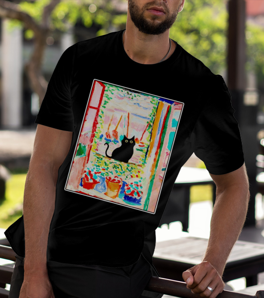 Black Cat In Vibrant Open Window Scene With Colorful T-Shirt