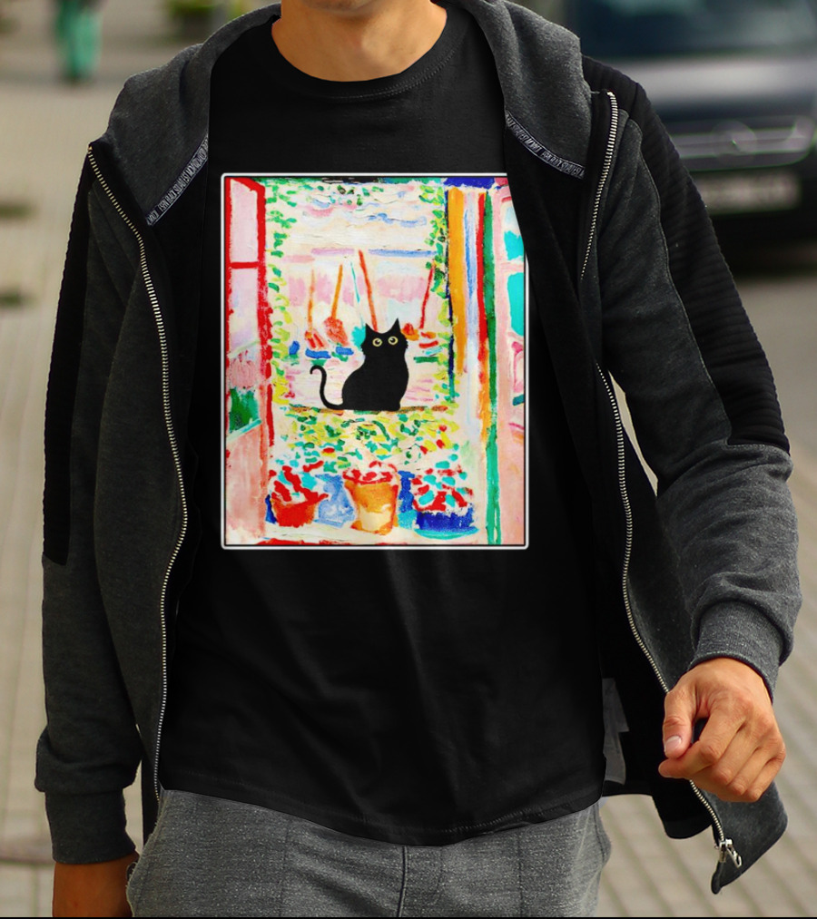 Black Cat In Vibrant Open Window Scene With Colorful T-Shirt