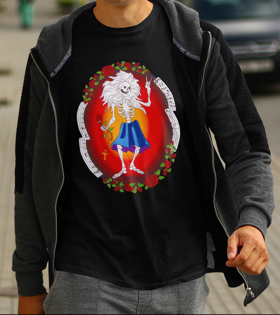 Skeleton Holding Rose With Ankh Surrounded By Roses Halloween Rosebud T-Shirt