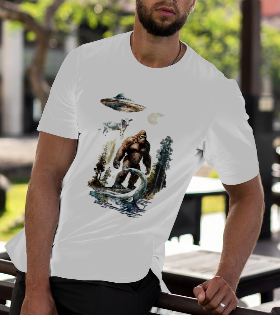 UFO Bigfoot Sasquatch Loch Ness Monster Alien Forest Scene T-Shirt