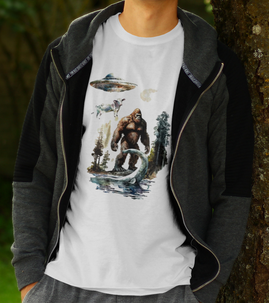 UFO Bigfoot Sasquatch Loch Ness Monster Alien Forest Scene T-Shirt