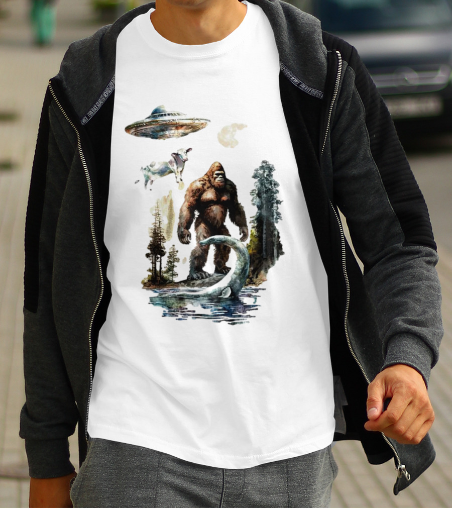 UFO Bigfoot Sasquatch Loch Ness Monster Alien Forest Scene T-Shirt