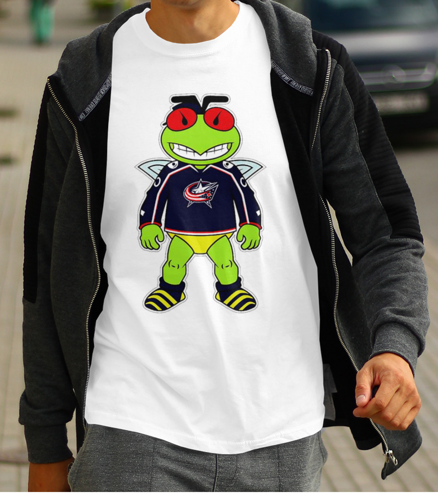 Columbus Blue Jackets Stinger Mascot Character In Team Jersey T-Shirt