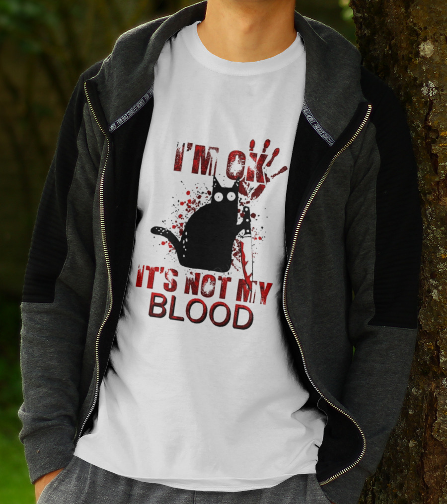 I'm Ok Black Cat It's Not My Blood With Red Handprint And Knife T-Shirt