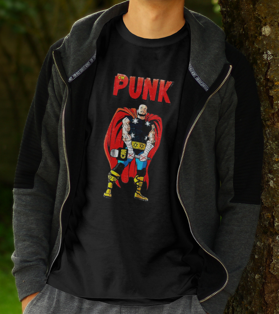CM Punk Superhero Cape And Thunder Hammer Pose T-Shirt
