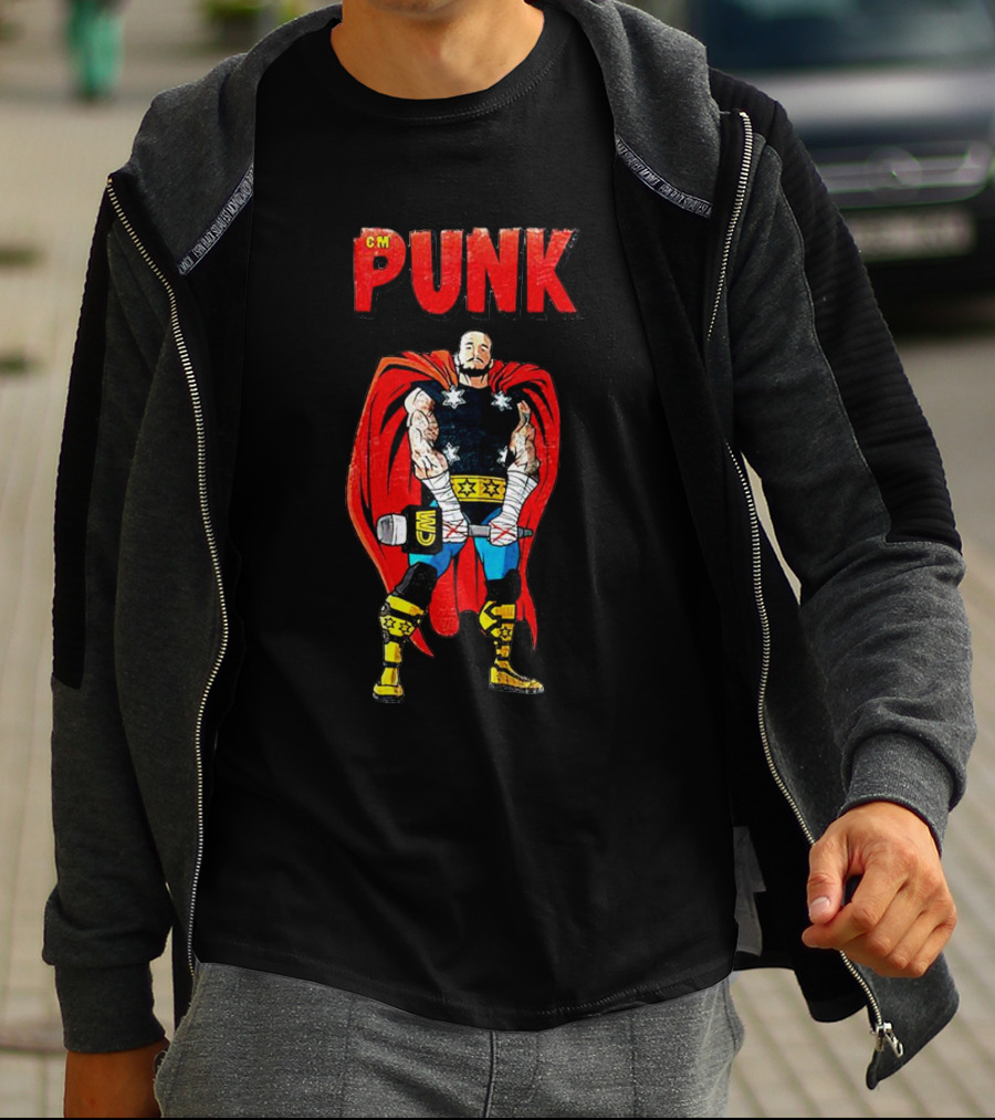 CM Punk Superhero Cape And Thunder Hammer Pose T-Shirt