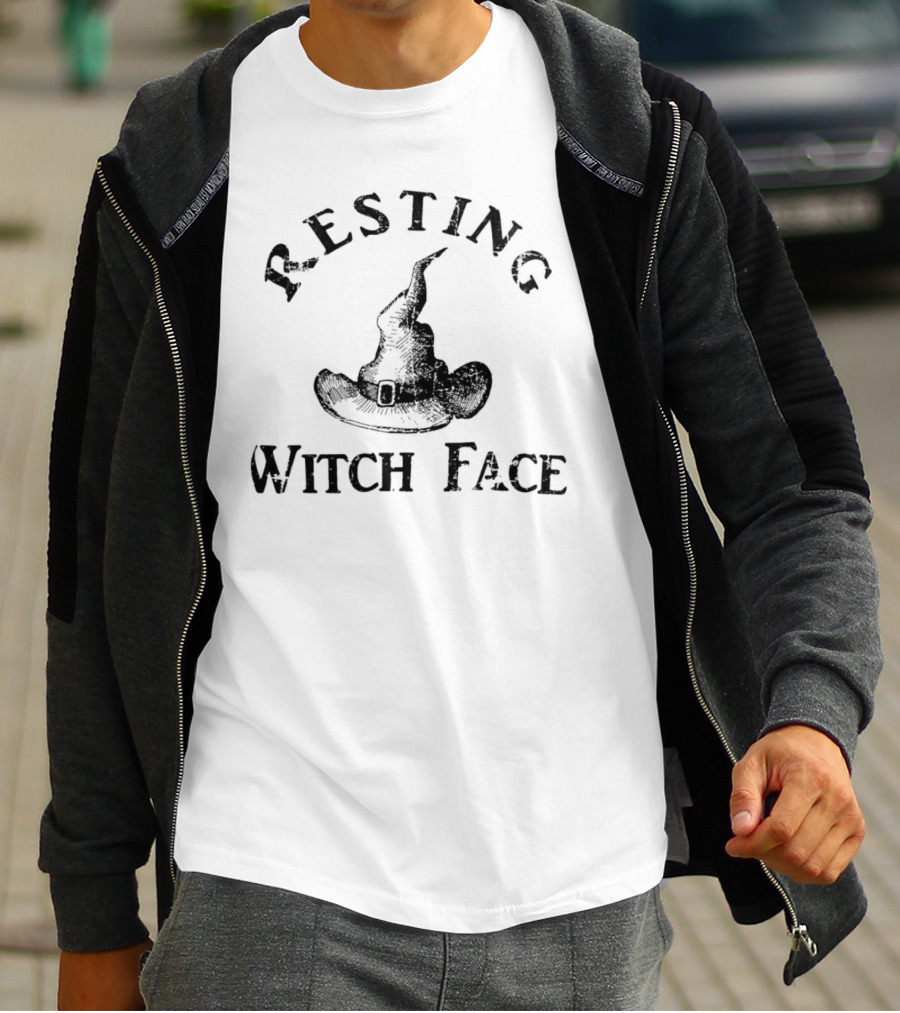 Resting Witch Face Curved Text With Witch Hat T-Shirt