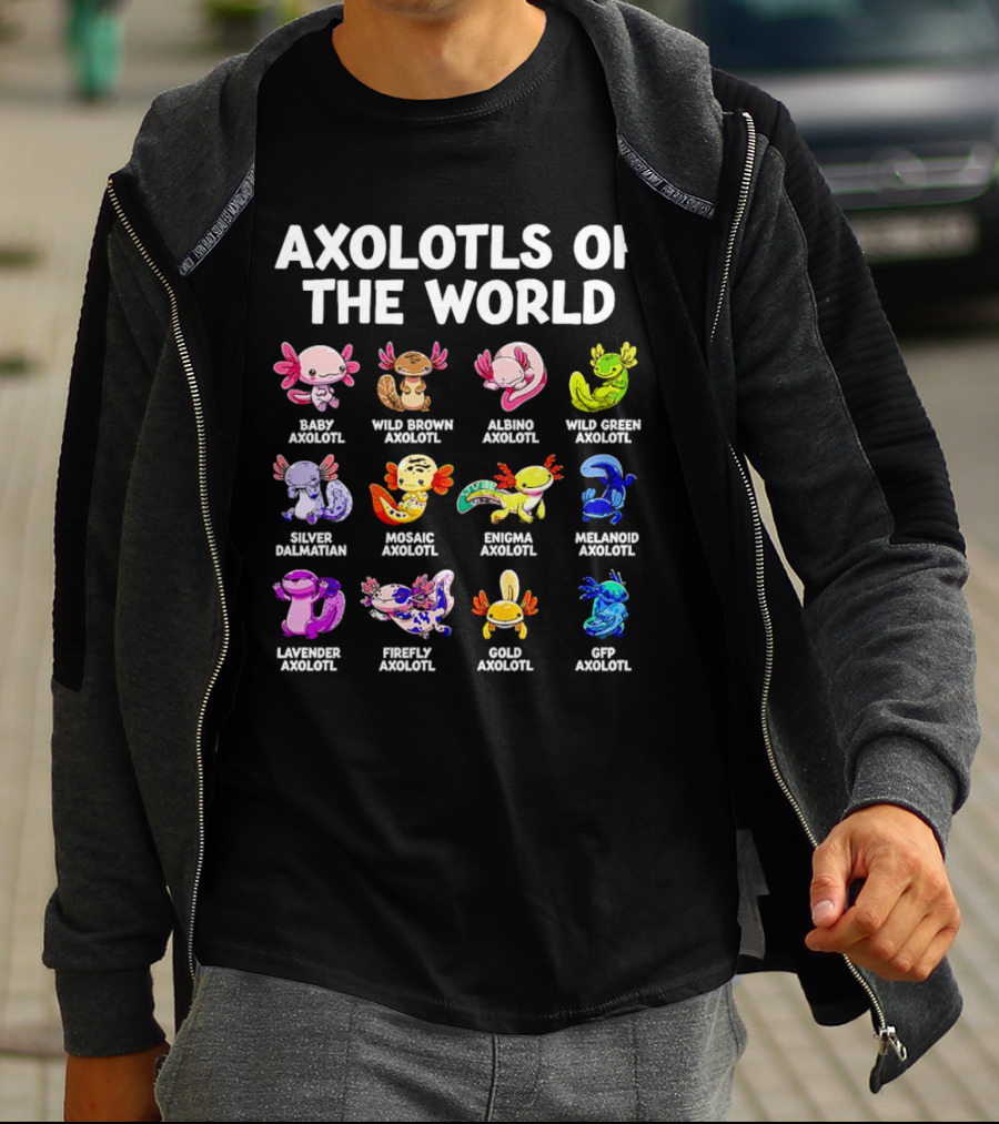 AXOLOTLS OF THE WORLD BABY WILD BROWN ALBINO GREEN SILVER MOSAIC ENIGMA MELANOID LAVENDER FIREFLY GOLD GFP AXOLOTL T-Shirt