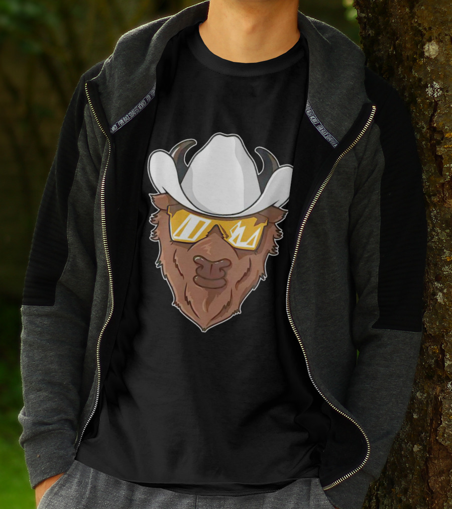 Cartoon Buffalo Wearing Cowboy Hats And Sunglasses T-Shirt