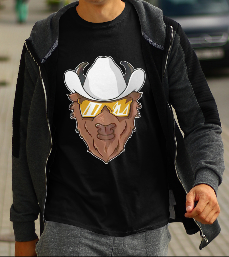 Cartoon Buffalo Wearing Cowboy Hats And Sunglasses T-Shirt