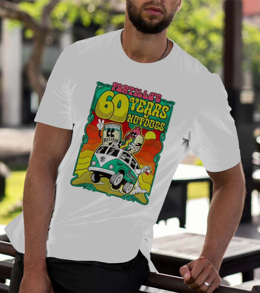 Portillo’s 60 Years Of Hotdogs Relish Relish Road Trip Cartoon Van Adventure T-Shirt