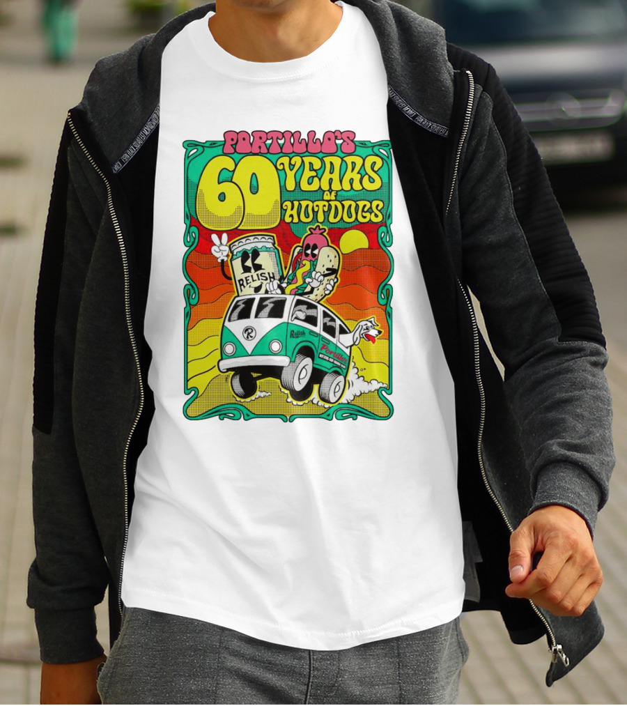 Portillo’s 60 Years Of Hotdogs Relish Relish Road Trip Cartoon Van Adventure T-Shirt