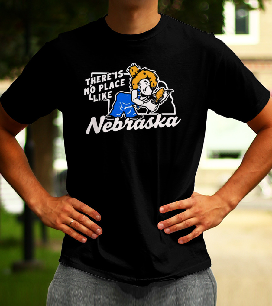 There Is No Place Like Nebraska Cornhuskers Farmer Mascot Eating Corn T-Shirt