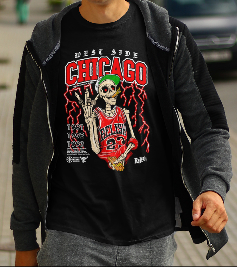 West Side Chicago 1991 1992 1993 Relish 23 Basketball Skeleton T-Shirt