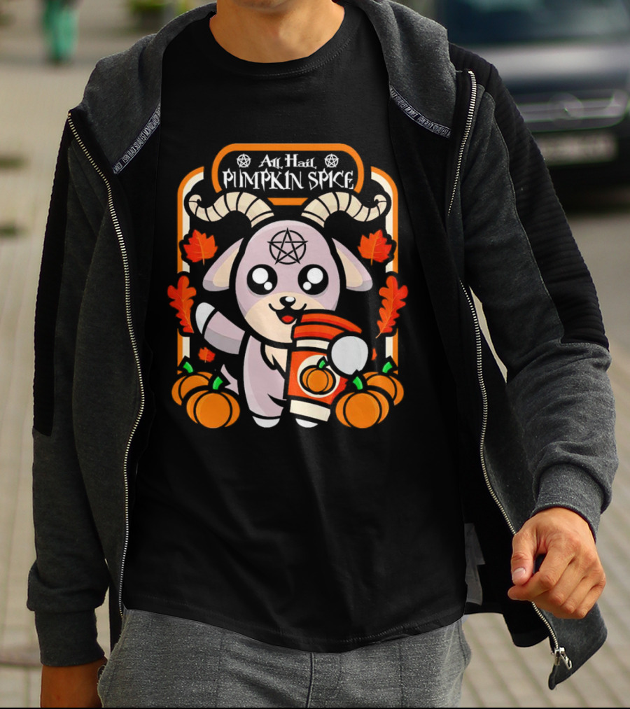 All Hail Pumpkin Spice Halloween Goat With Coffee, Pumpkins, And Pentagram T-Shirt