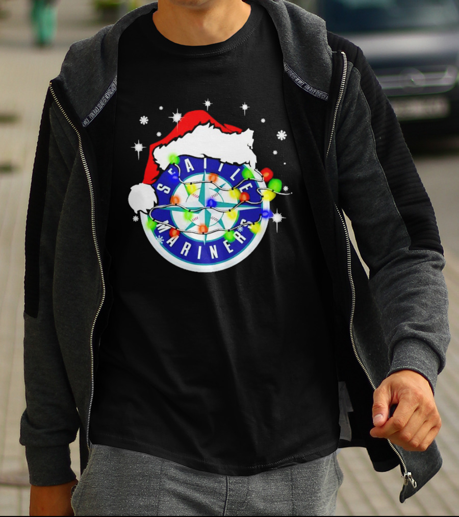 Santa Hat Seattle Mariners Christmas Lights Snowflakes T-Shirt