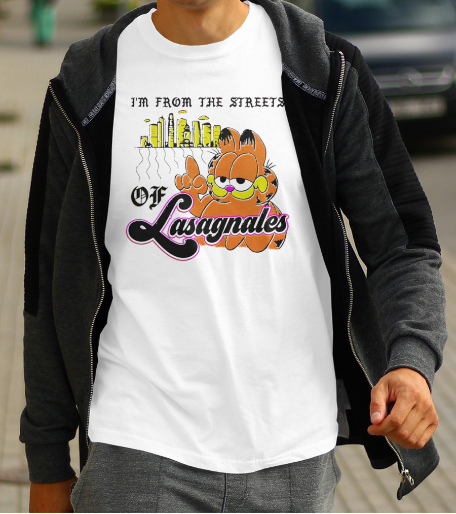 Garfield I'm From The Streets Of Lasagnales With City Skyline And Finger Pointing T-Shirt