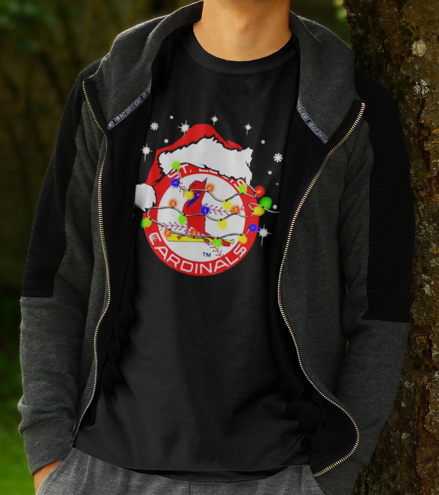 Santa Hat St. Louis Cardinals Christmas Lights Holiday T-Shirt