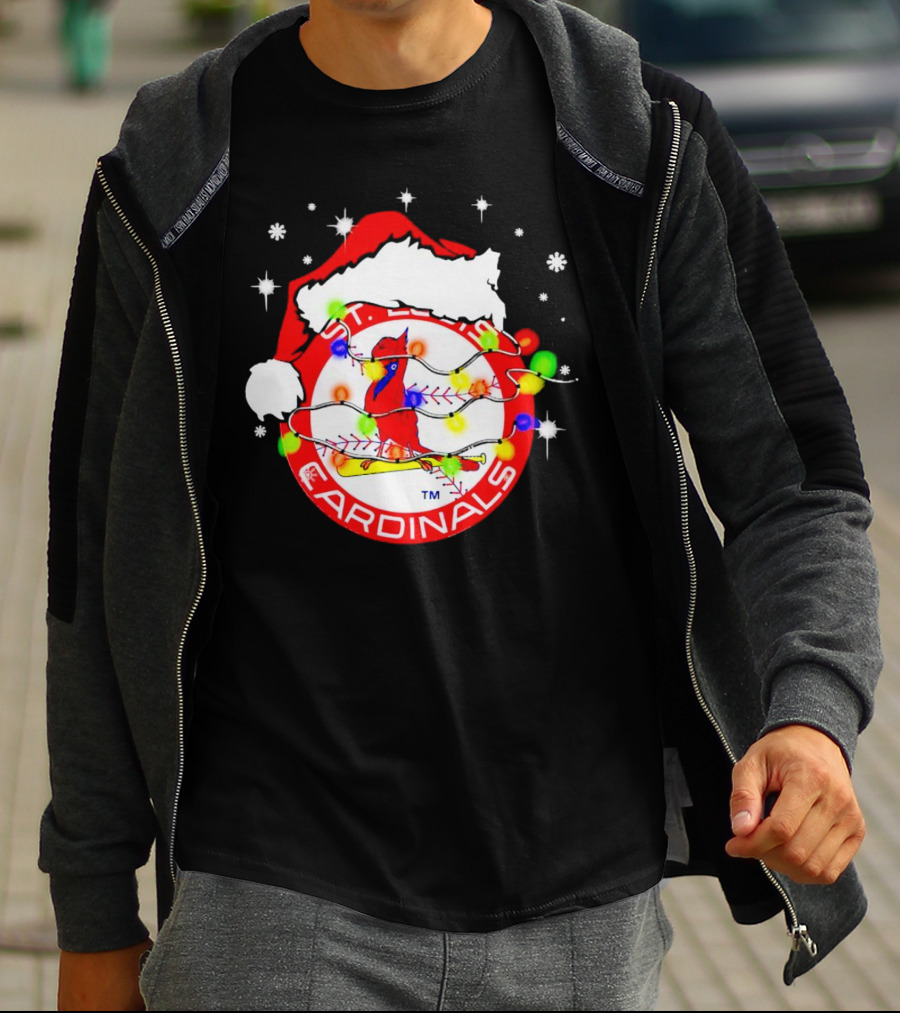 Santa Hat St. Louis Cardinals Christmas Lights Holiday T-Shirt
