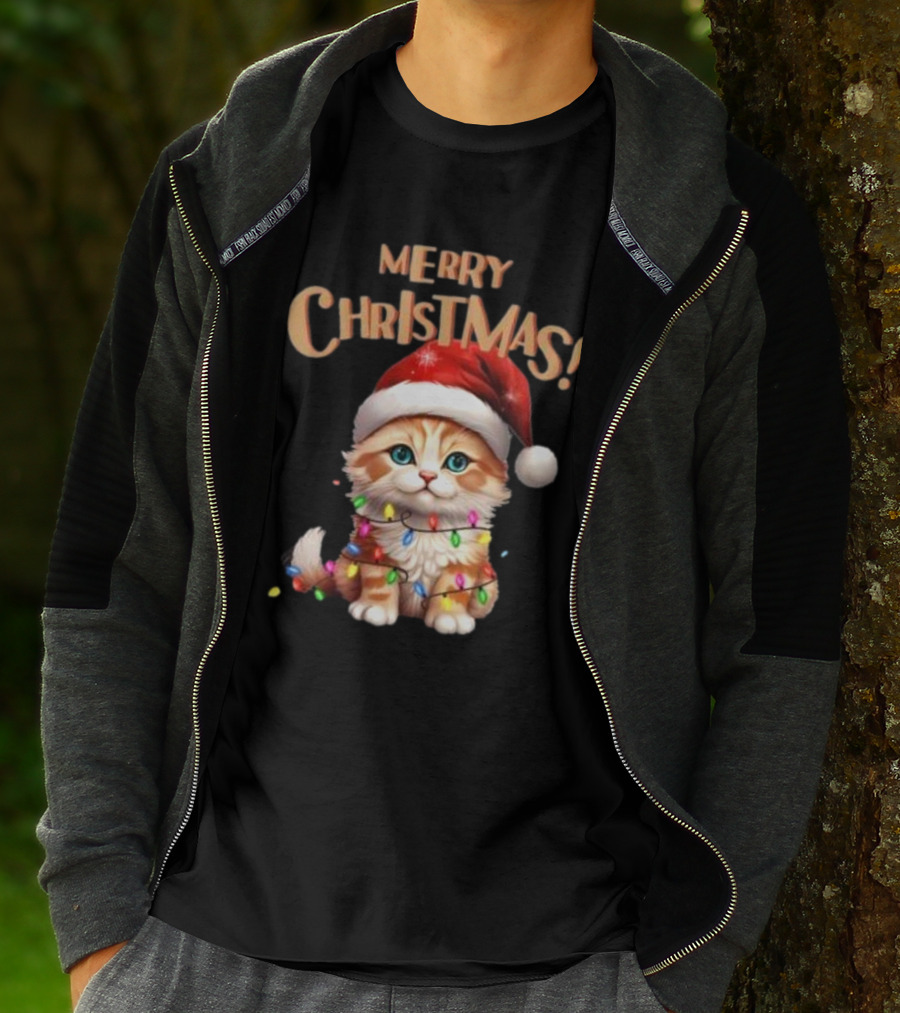 Merry Christmas Cat Santa With Lights T-Shirt