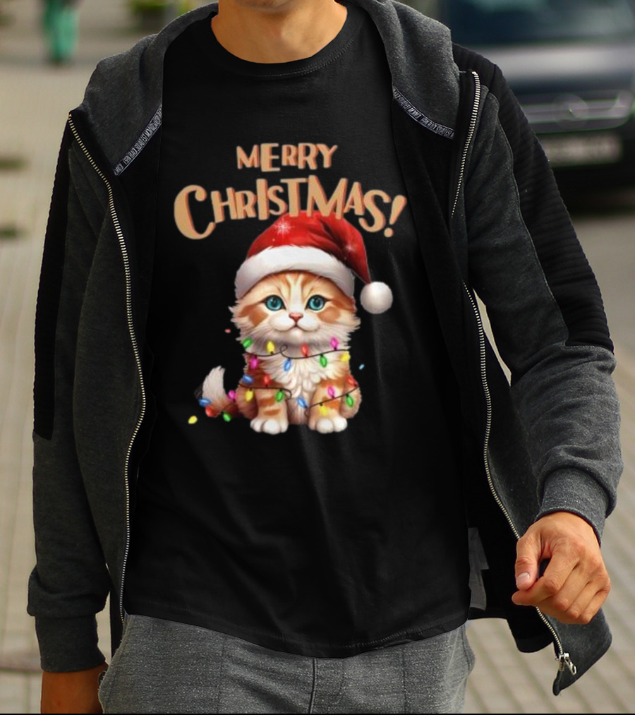 Merry Christmas Cat Santa With Lights T-Shirt