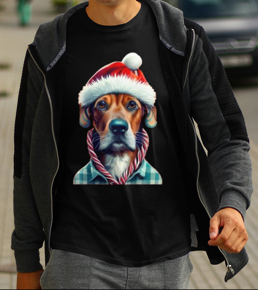 Dog In Santa Hat With Candy Cane Scarf Christmas T-Shirt