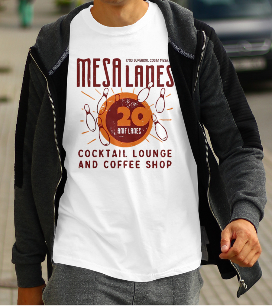 Mesa Lanes 20 Lane Costa Mesa Cocktail Lounge And Coffee Shop Retro Bowling Alley T-Shirt