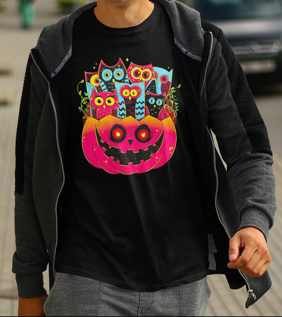 Neon Owls In Jack-o'-Lantern Halloween Party T-Shirt