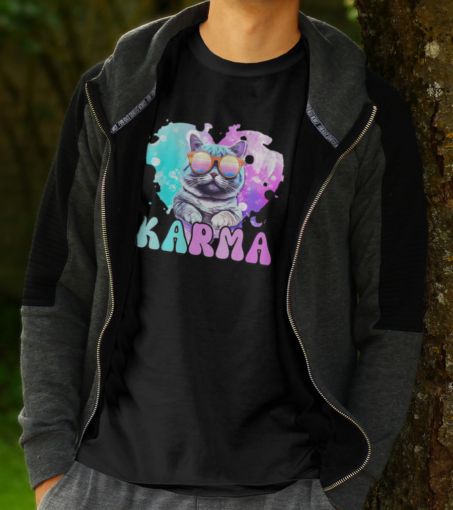 Karma Cat In Sunglasses With Heart-Shaped Watercolor Background T-Shirt