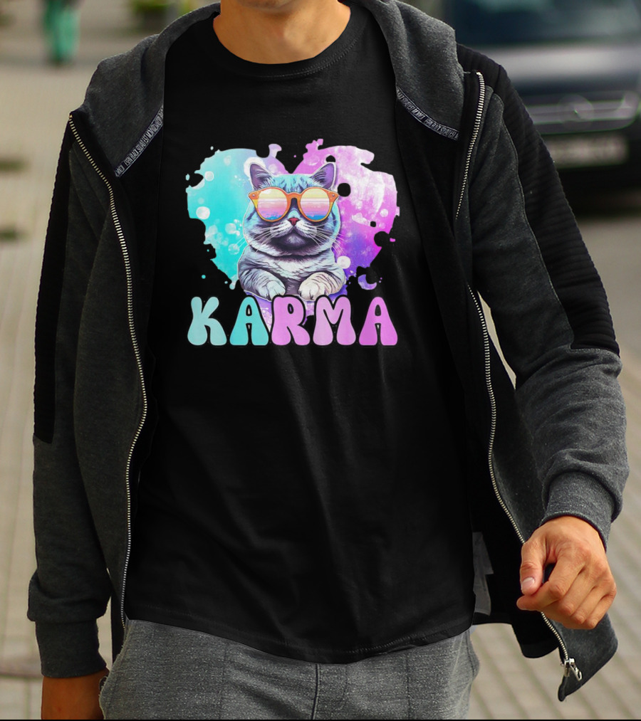 Karma Cat In Sunglasses With Heart-Shaped Watercolor Background T-Shirt