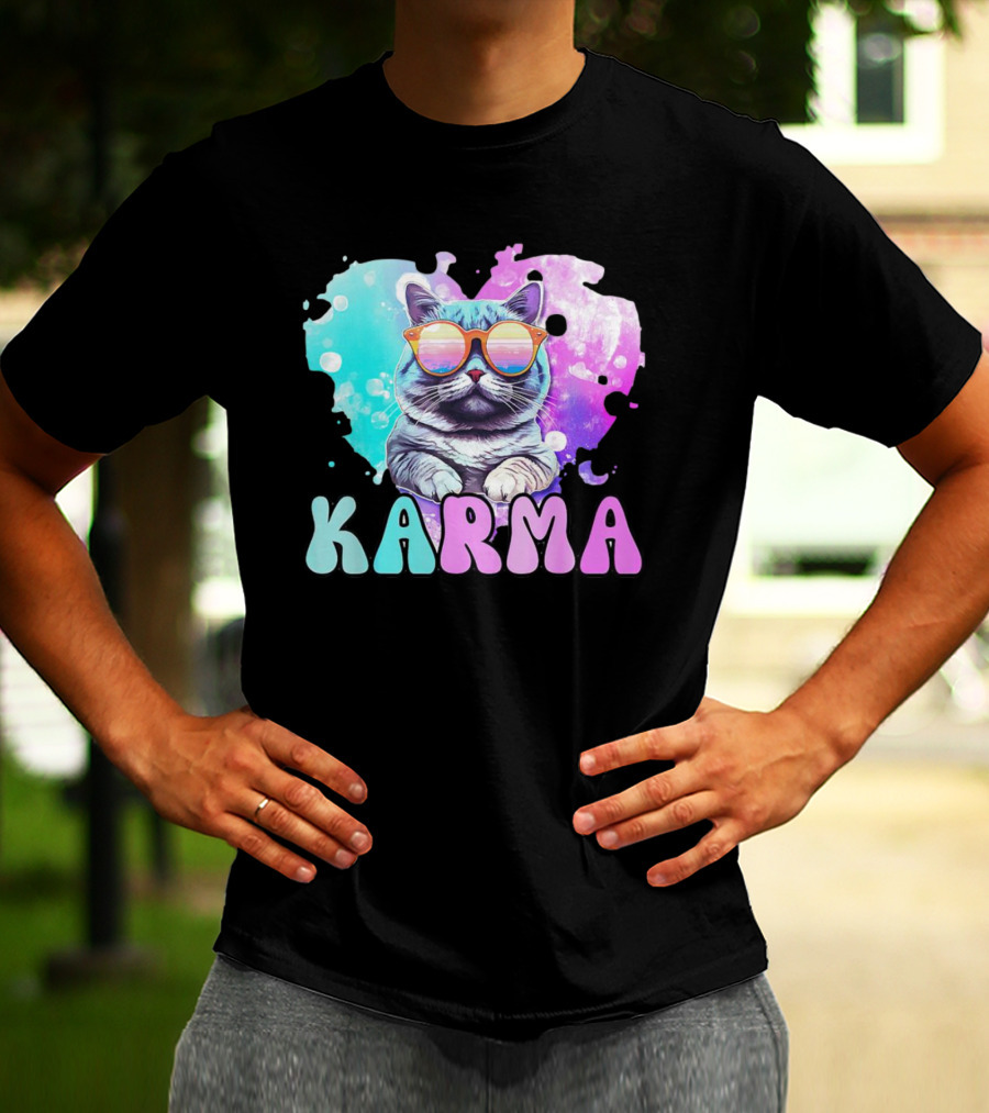 Karma Cat In Sunglasses With Heart-Shaped Watercolor Background T-Shirt